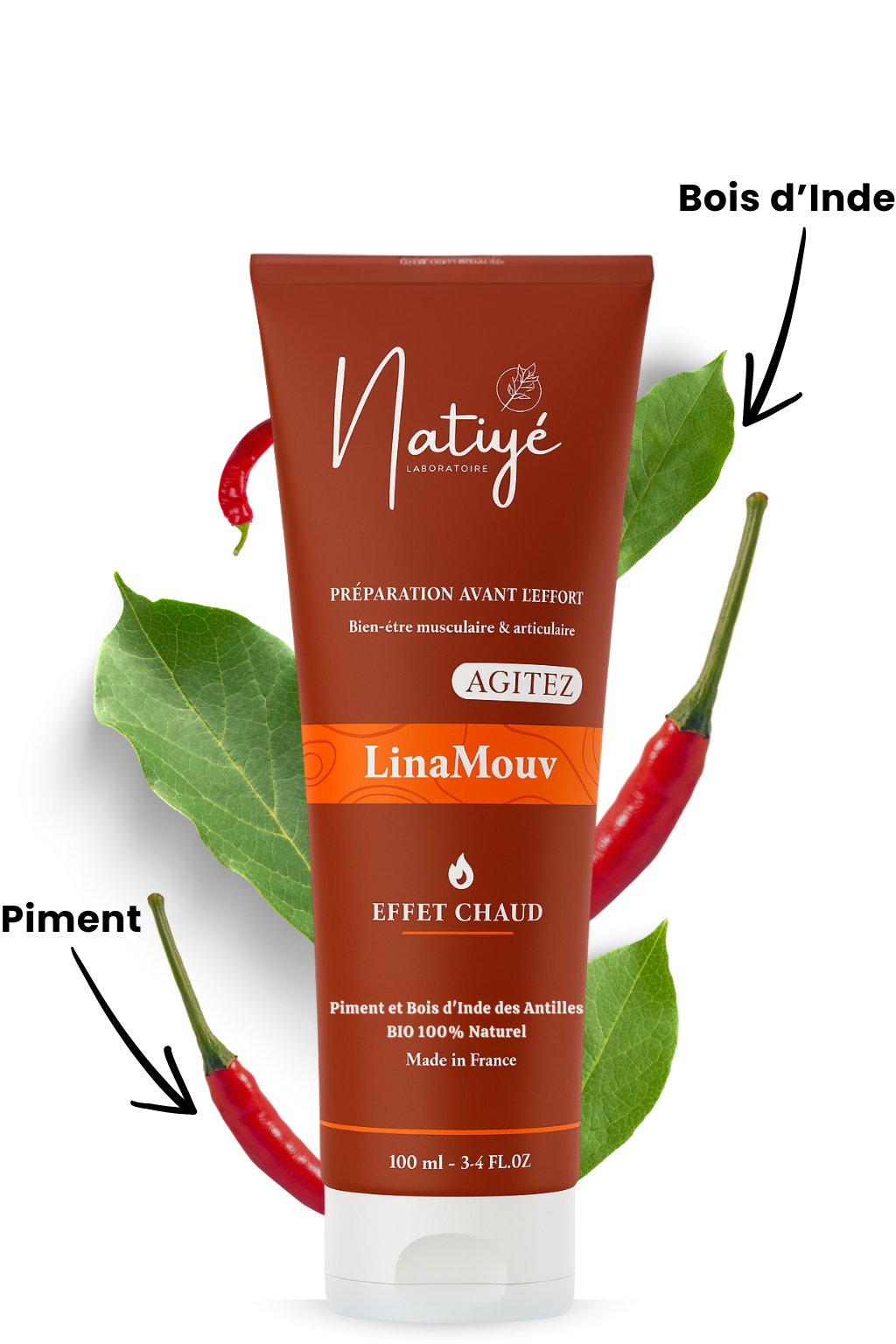 Crème naturelle Linamouv fabriquée en Guadeloupe à base de bois d’Inde et piment